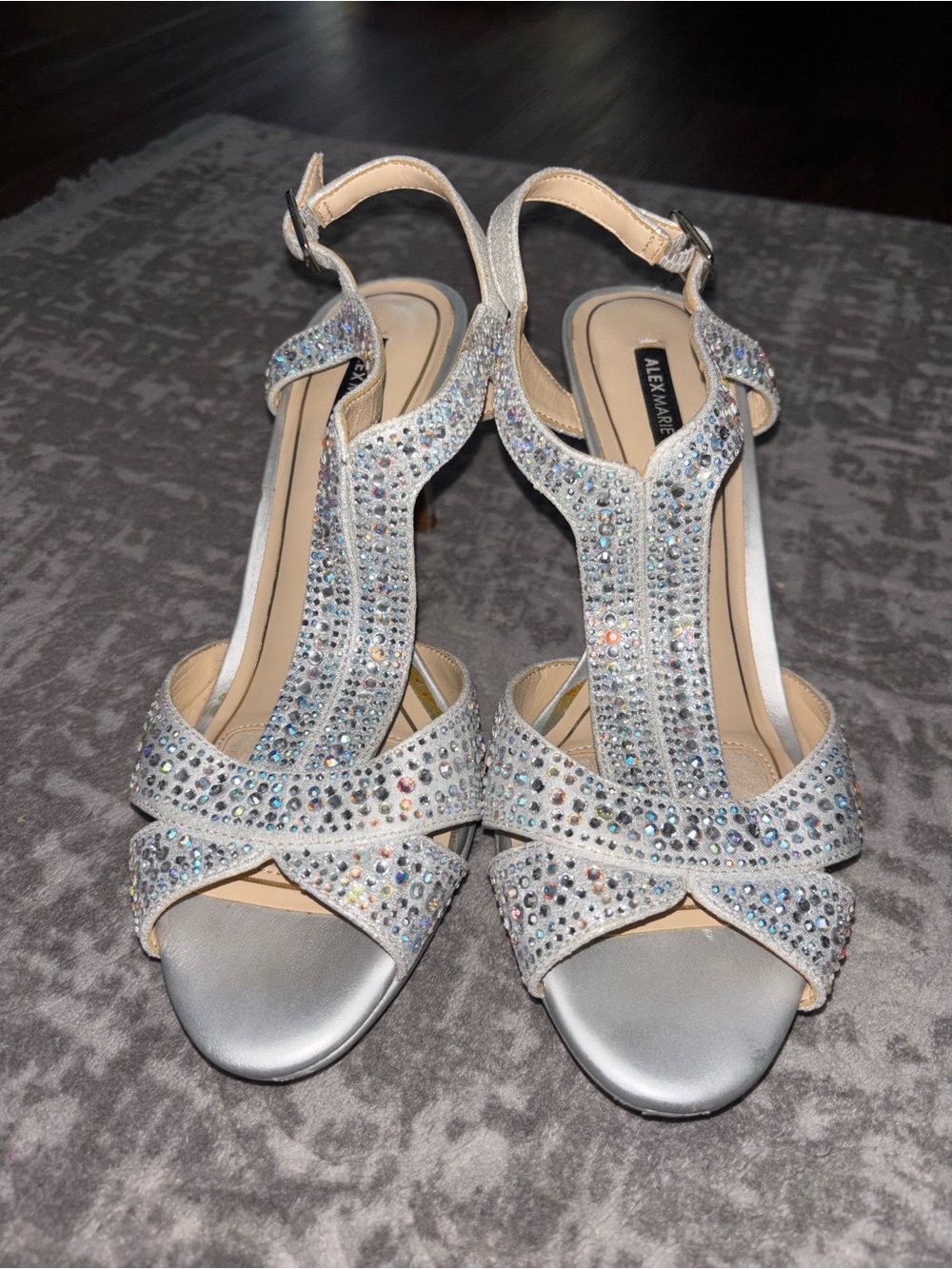 Alex Marie Silver Crystal Embellished T-Strap Heels